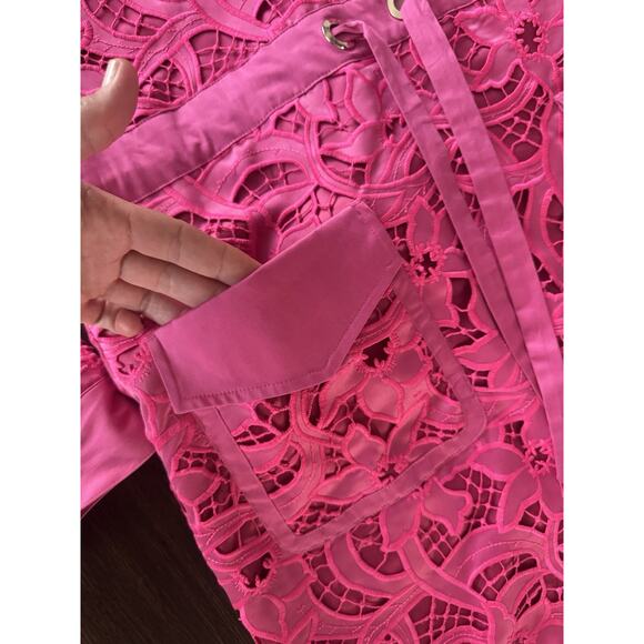 Badgley Mischka Guipur Lace Dress Pink Roll Tab Sleeve Business Casual 12 - Picture 7 of 10